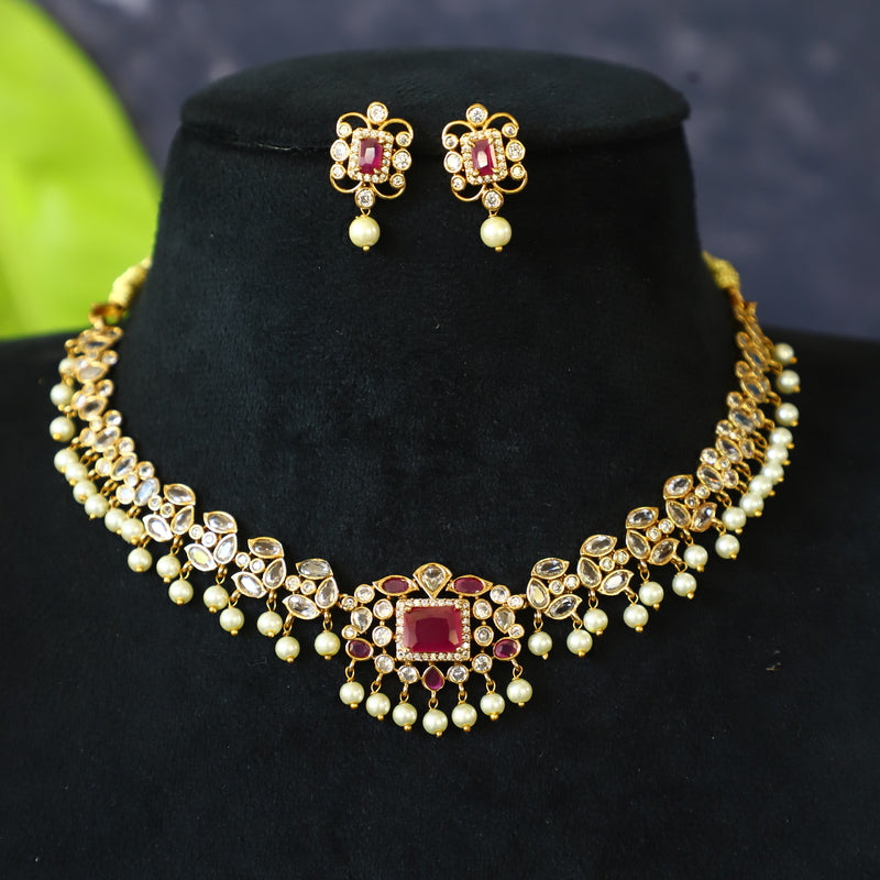 choker set - pink ruby with pearls