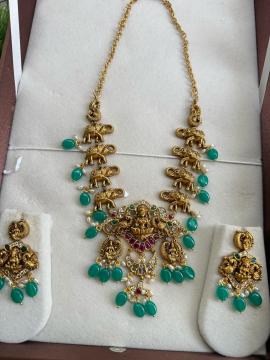 Traditional Lakshmi Pendant Elephant Neckpiece-Green Bead
