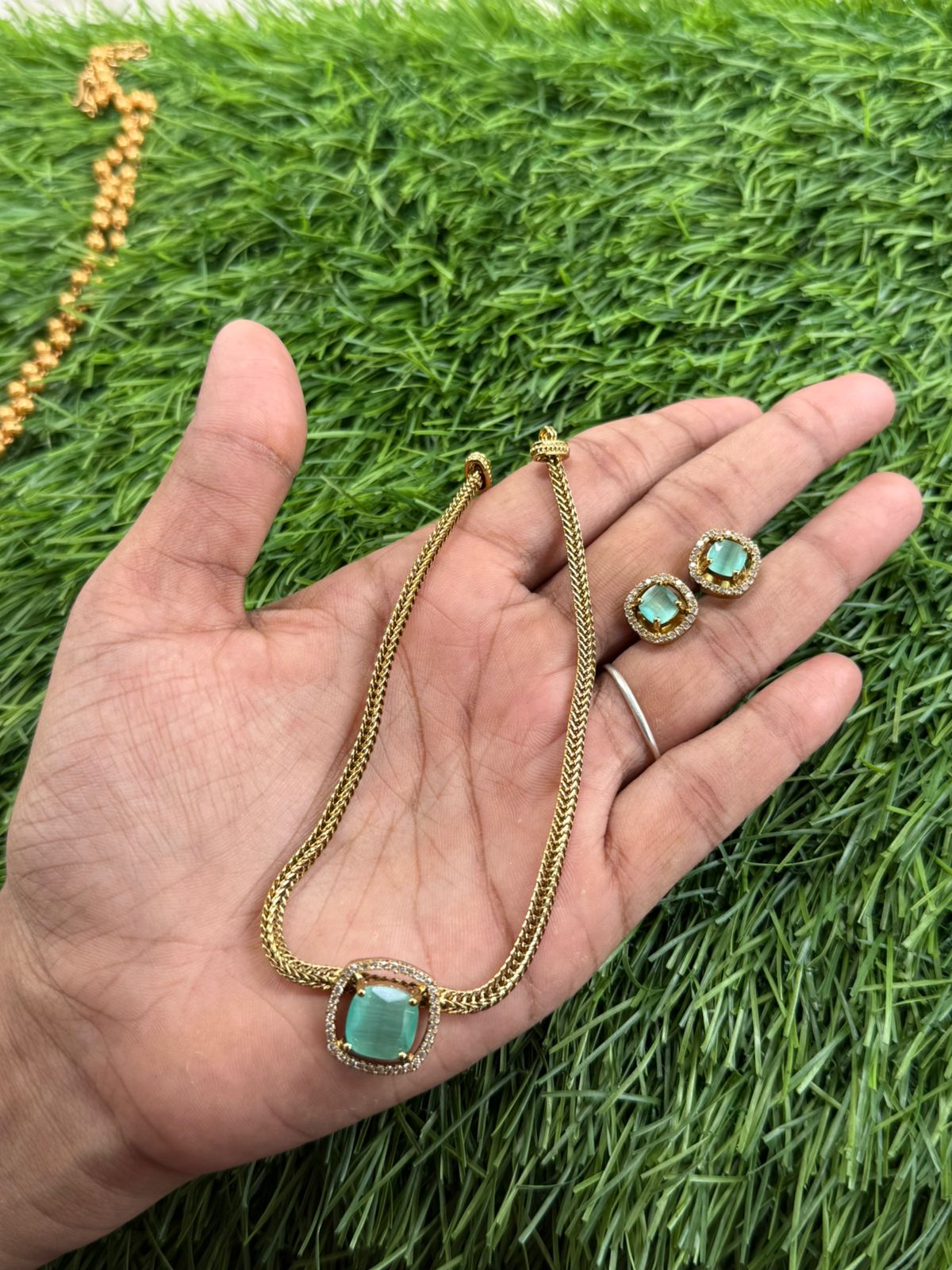 Elegant Mint Stone Pendant Necklace & Earring Set