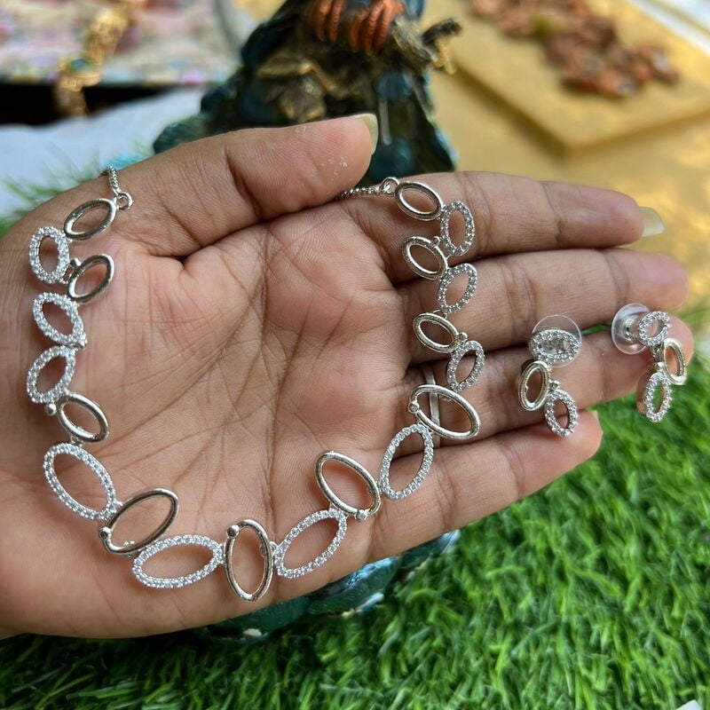 AD Stone Unique Neckpiece in Silver and Rose Gold Color
