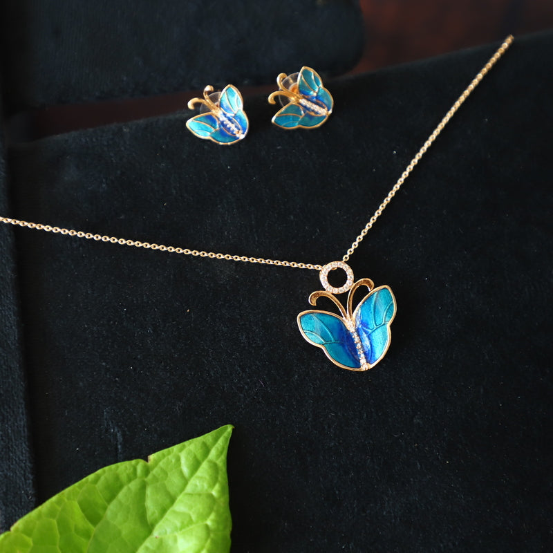 Plated blue butterfly pendant set