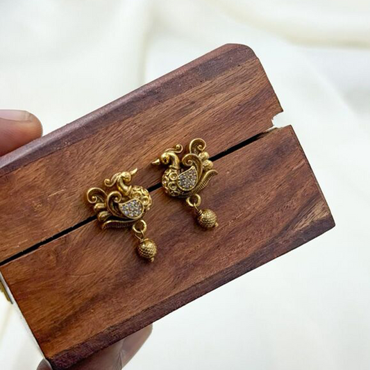 Traditional Antique Matte Temple Peacock Stone Earrings